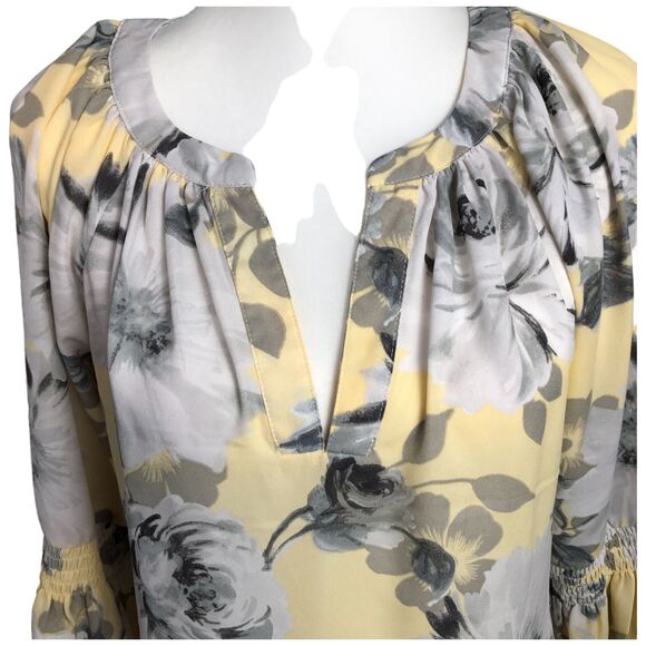 Seoni  Yellow and‎ Gray Floral Long Sleeve V-Neck Blouse  Top Size M - Picture 3 of 7